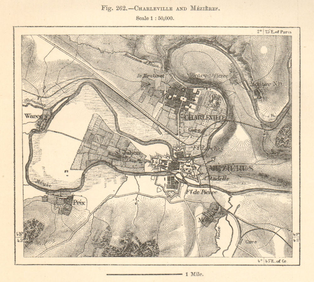 Charleville and Mézières plan and environs. Ardennes. Sketch map 1885 old
